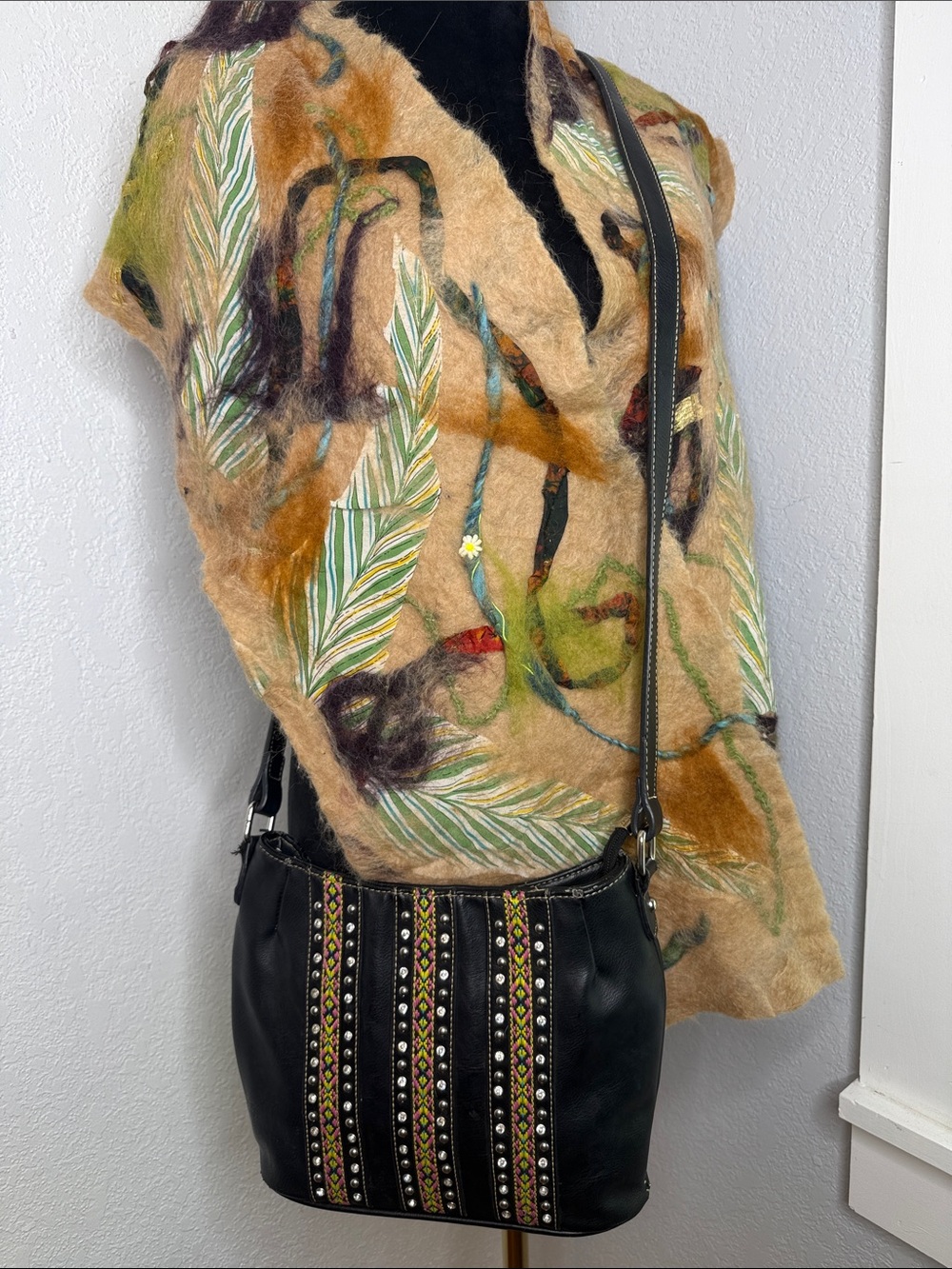 Montana West Black Studded Embroidered Crossbody Purse Western Boho Shoulder Bag